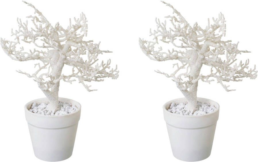 Creativ green Kunstkerstboom Kerst versiering in kleur passend pot en met glinsterende uitstraling (2 stuks)