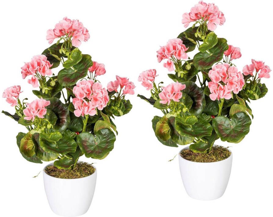 Creativ green Kunstplant Geranium rood in een keramische pot (set 2 stuks)