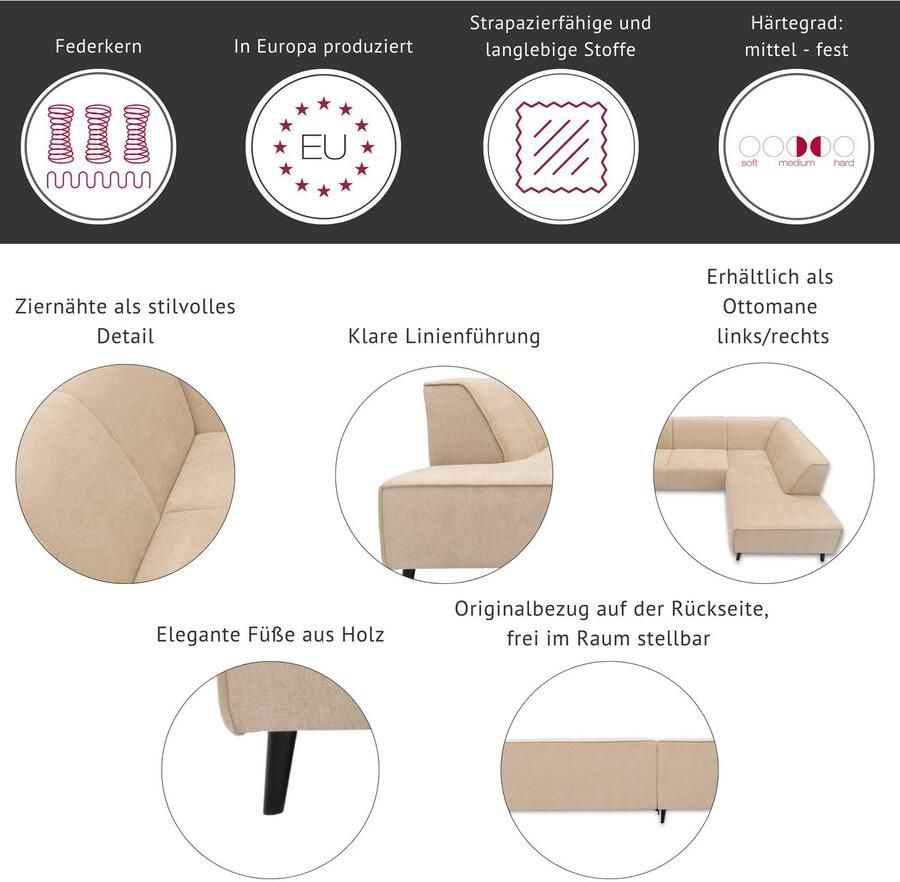 Andas Hoekbank Janek Scandic Design elegant en tijdloos L-vorm met binnenvering en opstaande naad in scandinavisch design