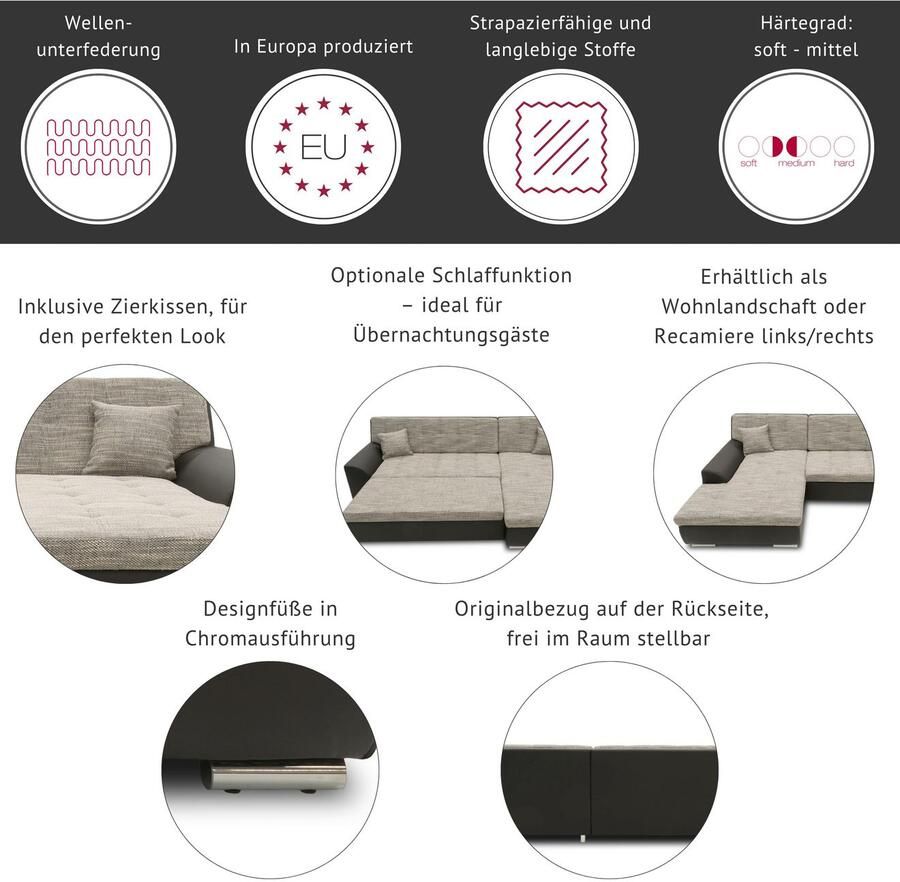 DOMO collection Zithoek Treviso inclusief sierkussen moderne stiksels XXL: B D H: 364 201 83 cm naar keuze met slaapfunctie in vele soorten bekleding ook in cord u-model