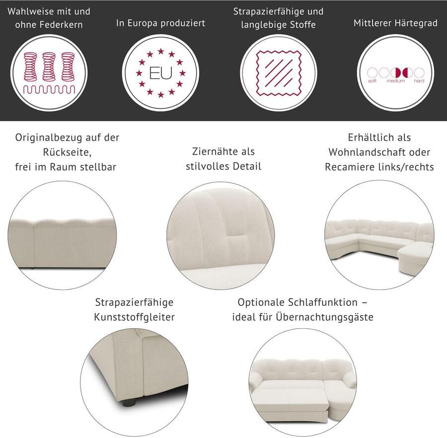 DOMO collection Hoekbank Flores slaapbank B D H: 233 142 86 cm L-vorm naar keuze met slaapfunctie naar keuze met binnenvering ook in leer