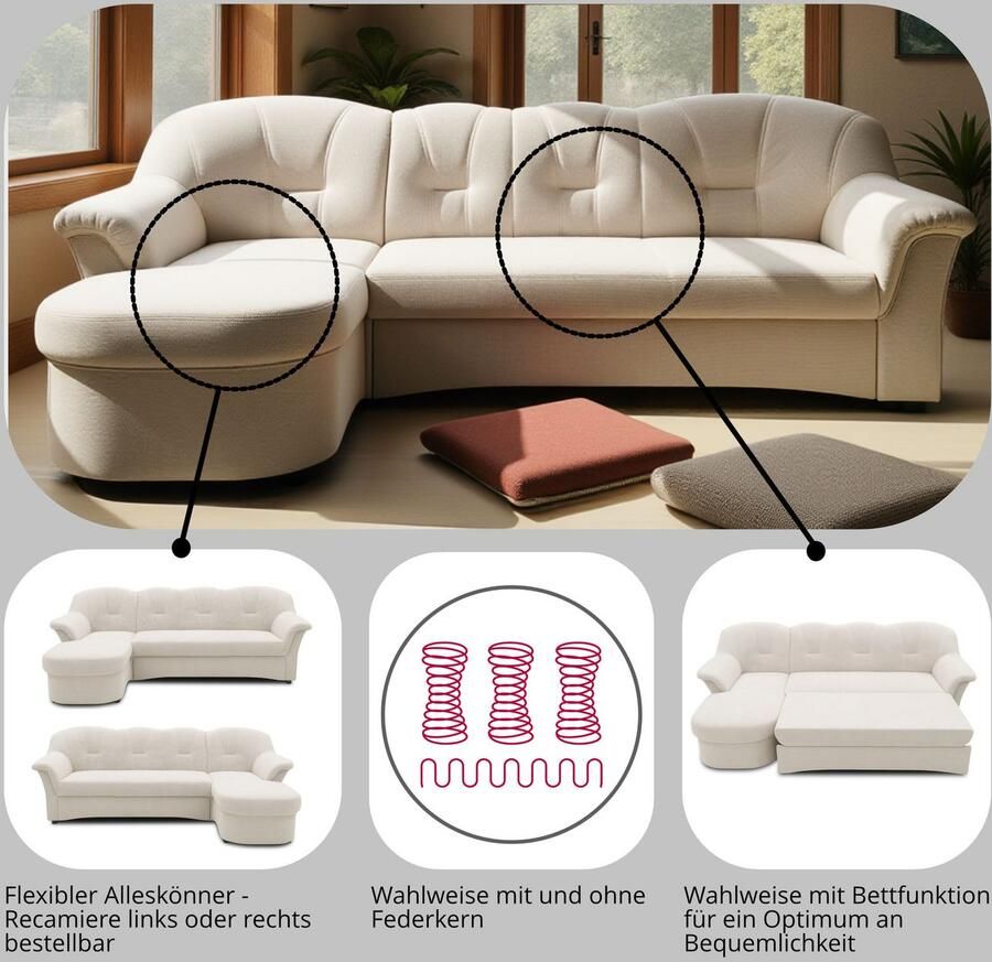 DOMO collection Hoekbank Flores slaapbank B D H: 233 142 86 cm L-vorm naar keuze met slaapfunctie naar keuze met binnenvering ook in leer