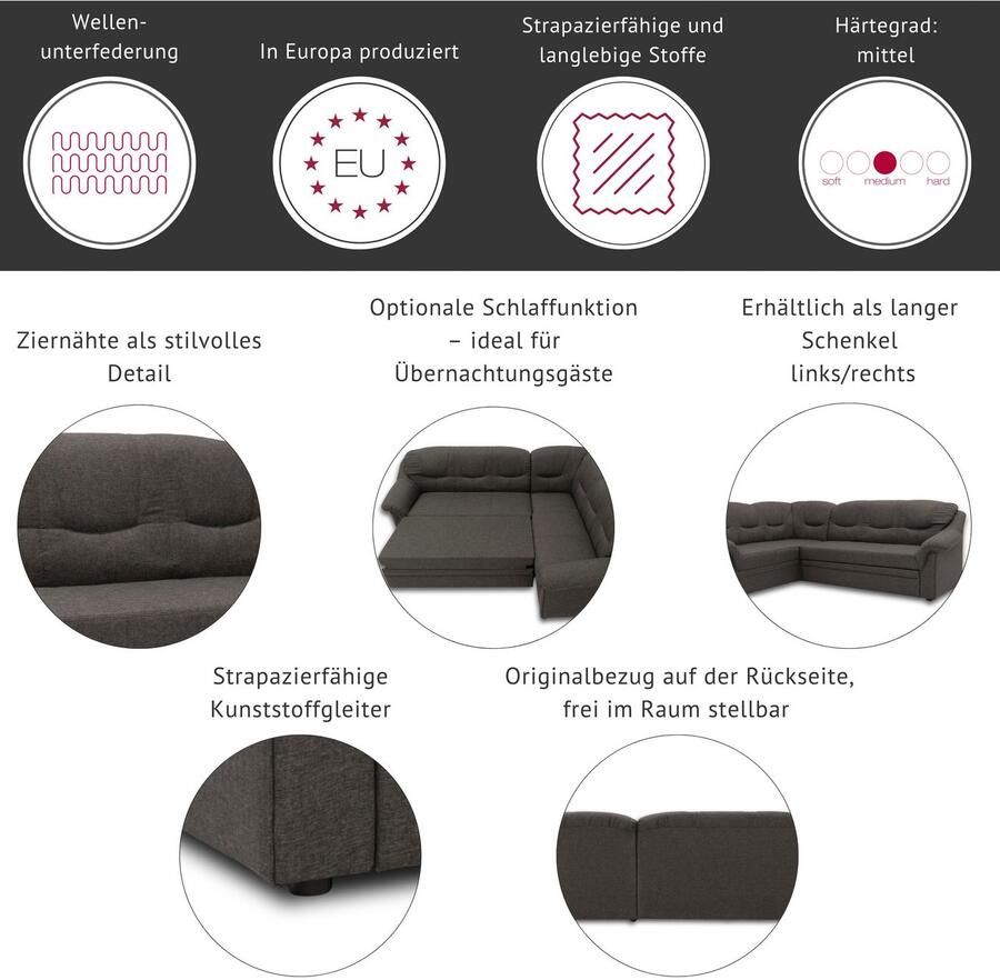 DOMO collection Hoekbank Montana tijdloze rugsteppingen comfortabele armleuningen L-vorm