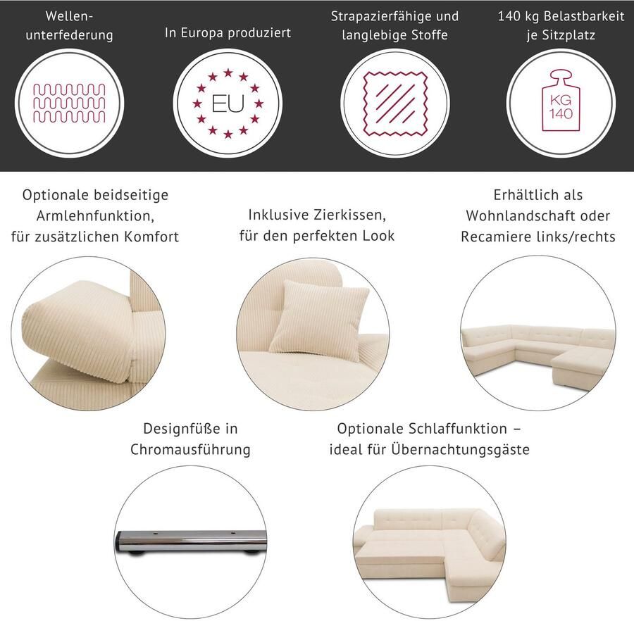 DOMO collection Hoekbank Moric Luxus incl. sierkussen BxDxH: 273x216x80 cm XXL L-vorm tot 140kg per zitplaats belastbaar ottomaanse afsluiting