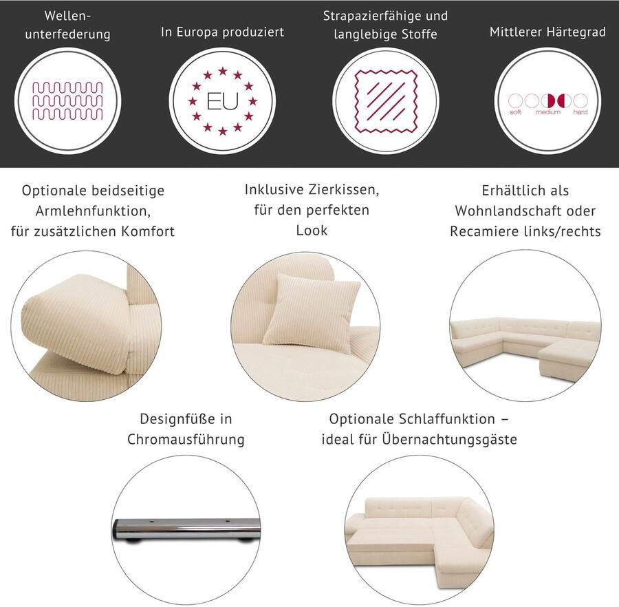 DOMO collection Hoekbank NMoric XXL B D H: 300 172 80cm L-vorm naar keuze met slaapfunctie en verstelbare armleuning