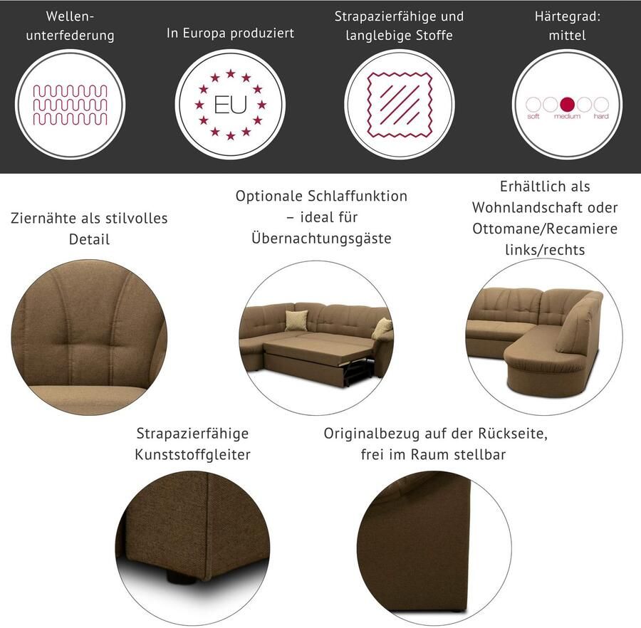 DOMO collection Zithoek Pegnitz tijdloos en modern met aantrekkelijke rugstepping U-vorm