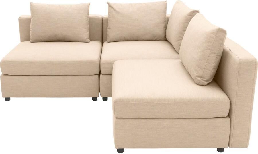 DOMO collection Hoekbank Solskin individueel uitbreidbaar combineerbaar L-vorm met losse kussens. rug- en zijpanelen als steeksysteem.