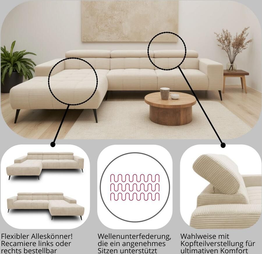 DOMO collection Hoekbank Trento L-vorm met sledevoet of enkele voet naar keuze met verstelbare hoofdsteun récamier links rechts bestelbaar