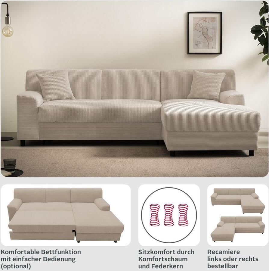 DOMO collection Hoekbank Turah 2 L-Vorm Corduroy of Luxe-Microvezel comfortabele binnenvering