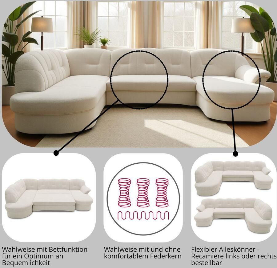 DOMO collection Zithoek Flores ook in leren bekleding B D H: 293 180 86 cm U-vorm (3 stuks)