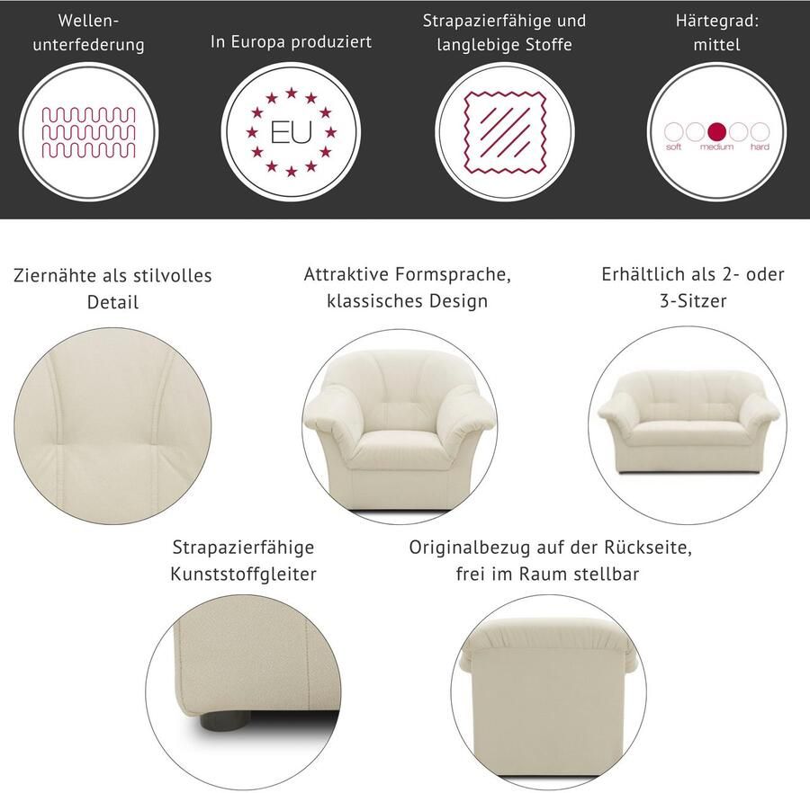 DOMO collection 3-zitsbank Pegnitz voor kleine ruimtes breedte 185cm tijdloos elegante armleuningen comfortabel