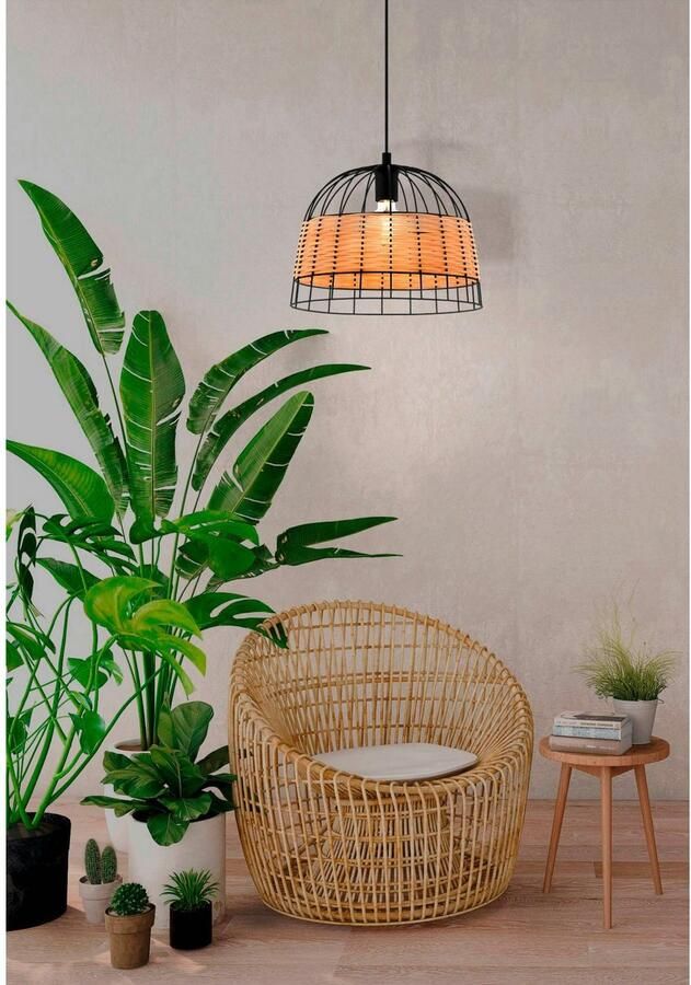 EGLO Hanglamp ANWICK Hanglamp staal en rotan E27 hanglamp eetkamerlamp Woonkamerlamp hallamp H110 x Ø37 cm zwart natuur 1X40W excl.