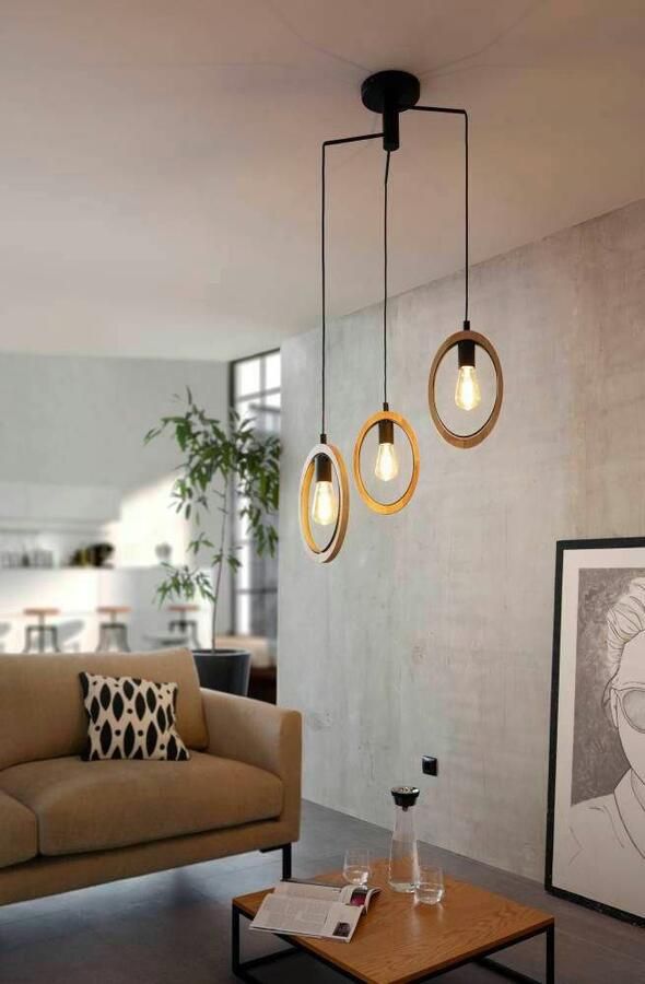 EGLO Hanglamp BASILDON Hanglamp E27 staal hout vintage eettafellamp lamp (1 stuk)