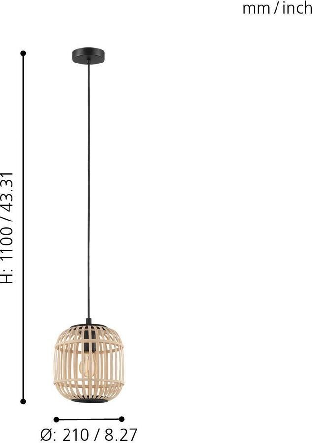EGLO Hanglamp BORDESLEY Hanglamp E27 staal en hout woonkamerlamp lamp Slaapkamer eettafellamp H110 x Ø21cm zwart natuur 1X28W excl.