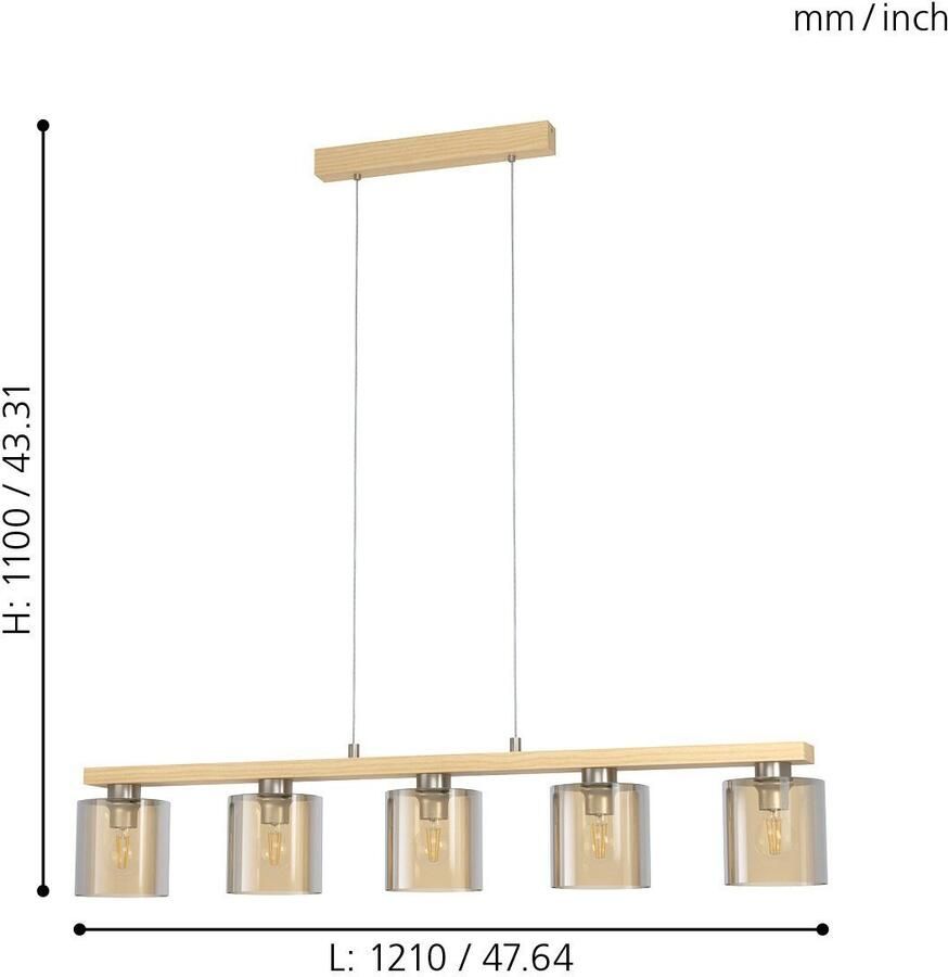 EGLO Hanglamp CASTRALVO Hanglamp staal hout en glas E27 IP20 eetkamerlamp (1 stuk)