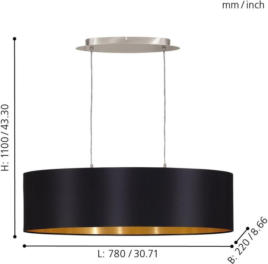 EGLO  Maserlo - Hanglamp - 2 Lichts - 78cm - Nikkel-Mat - Zwart  Goud