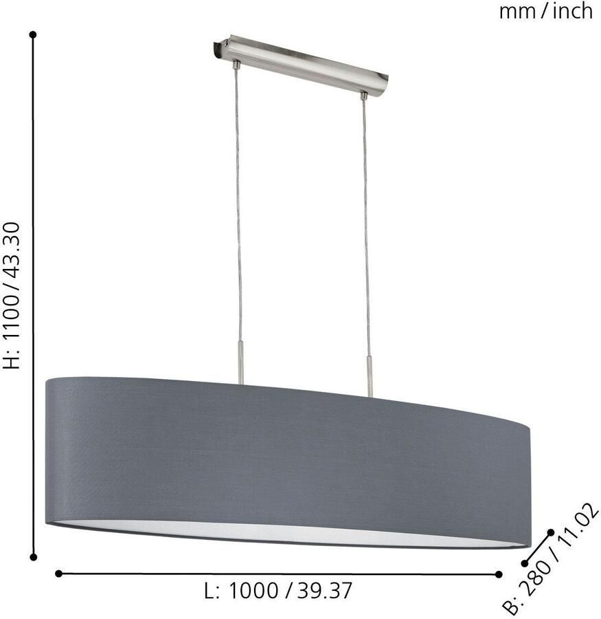 Eglo Pasteri Hanglamp 2 Lichts Lengte 1000mm. Nikkel-Mat Grijs