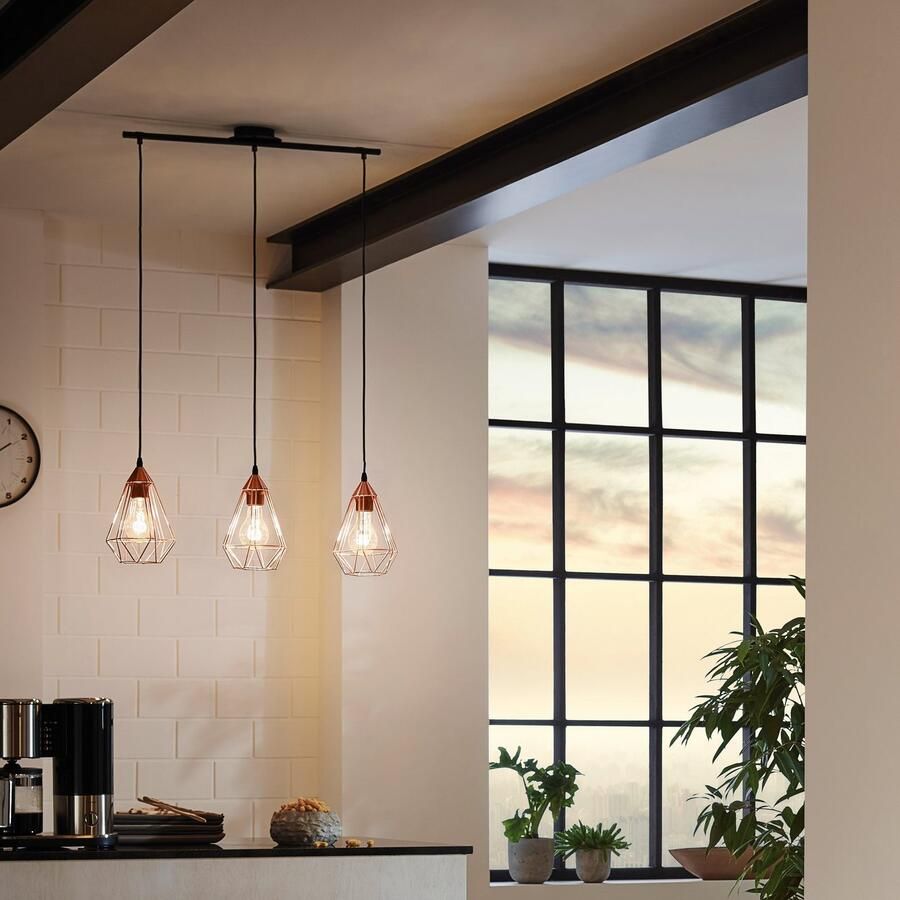 Eglo Vintage Tarbes Hanglamp Draadlamp 3 Lichts Lengte 790mm. Zwart Koper