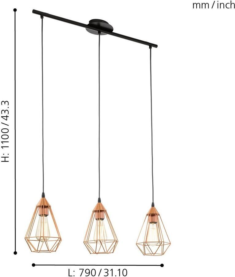 Eglo Vintage Tarbes Hanglamp Draadlamp 3 Lichts Lengte 790mm. Zwart Koper - Foto 3