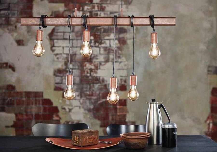 EGLO Hanglamp TOWNSHEND 4 hanglamp staal roestlook retro vintage E27 antiek-bruin metalen balk eetkamer 6 lamps 110x100 5x7cm - Foto 8