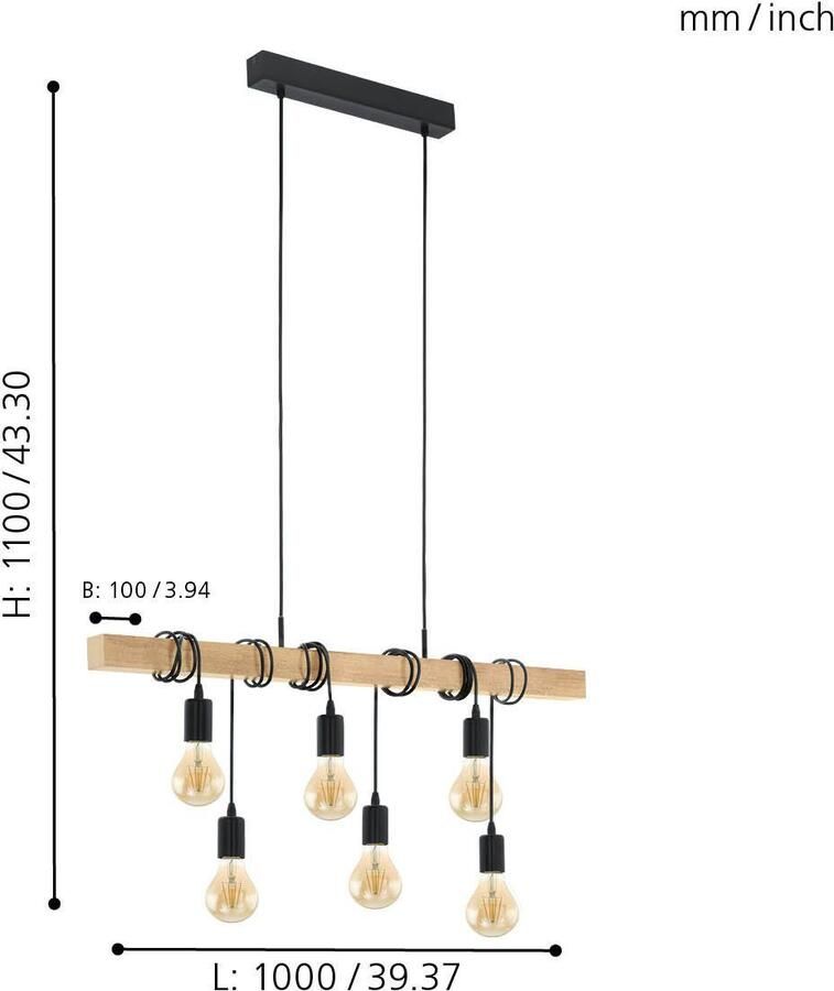 EGLO Hanglamp TOWNSHEND zwart bruin l100 x h110 x b10 cm retro vintage eettafel