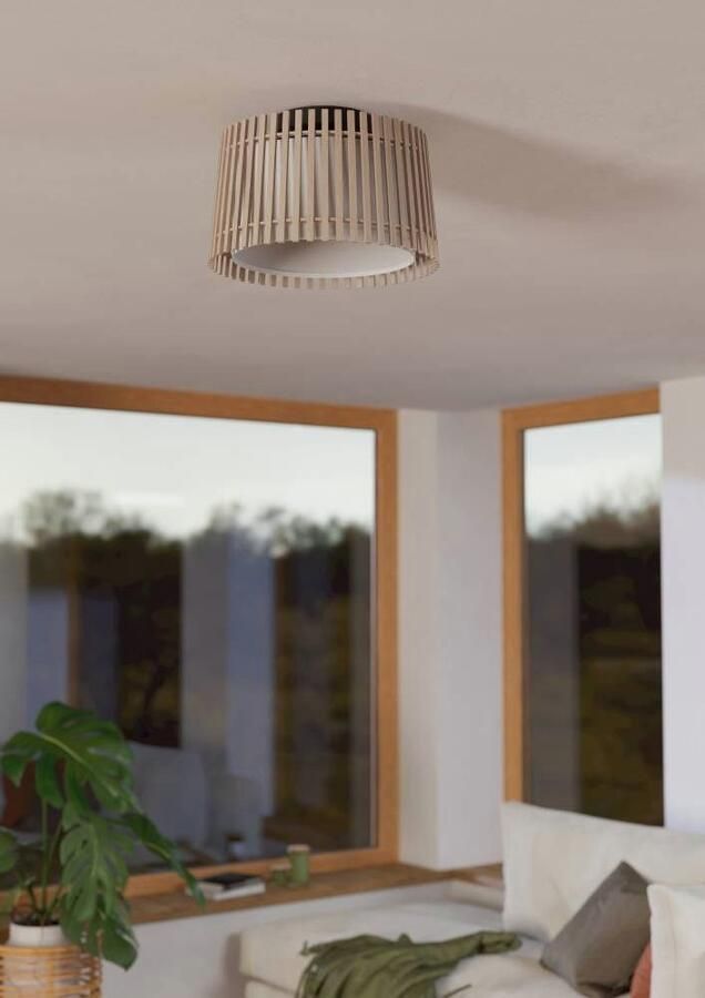 EGLO Plafondlamp FATTORIA Plafondlamp hout textiel in wit lamp plafond E27 fitting Ø 38 cm (1 stuk) - Foto 3