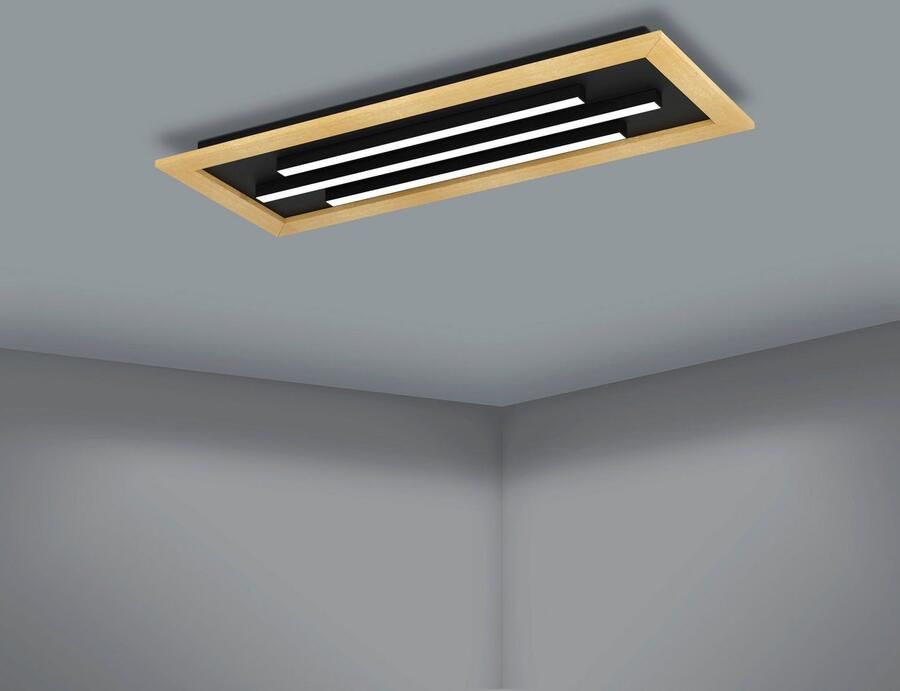 EGLO Plafondlamp TIRRENARA Plafondlamp in zwart en bruin van staal hout warmwit-koudwit (1 stuk)