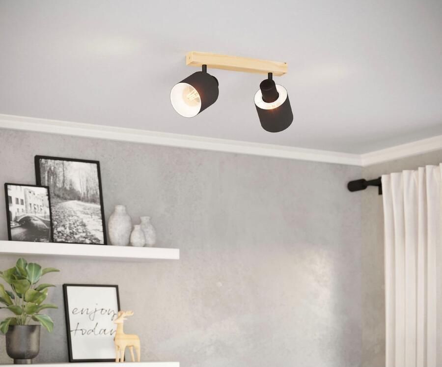 EGLO Plafondspot BATALLAS Plafondspot hout staal en textiel E27 vintage lamp (1 stuk)