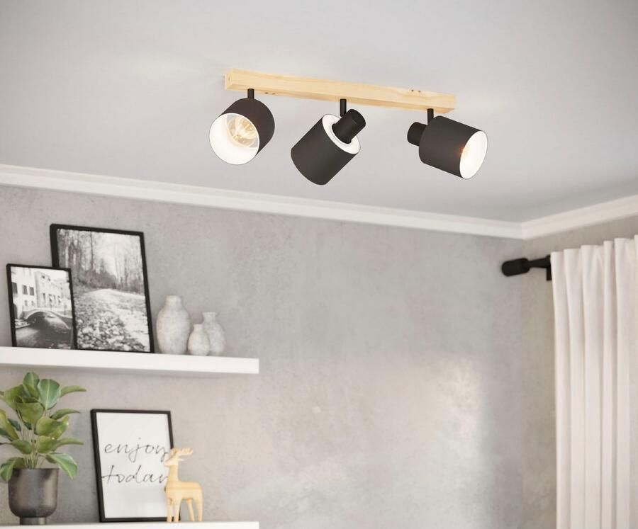 EGLO Plafondspot BATALLAS Plafondspot hout staal en textiel E27 vintage lamp (1 stuk)