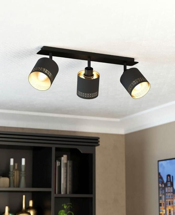 EGLO Plafondspot ESTEPERRA Plafondlamp vintage staal textiel woonkamerlamp in zwart goudkleur (1 stuk)