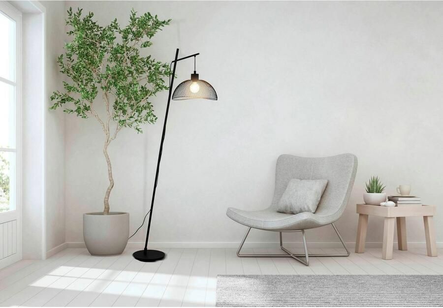 EGLO Staande lamp Pompeya Metalen kap gevlochten zwart vintage Hygge Boho 1 fitting