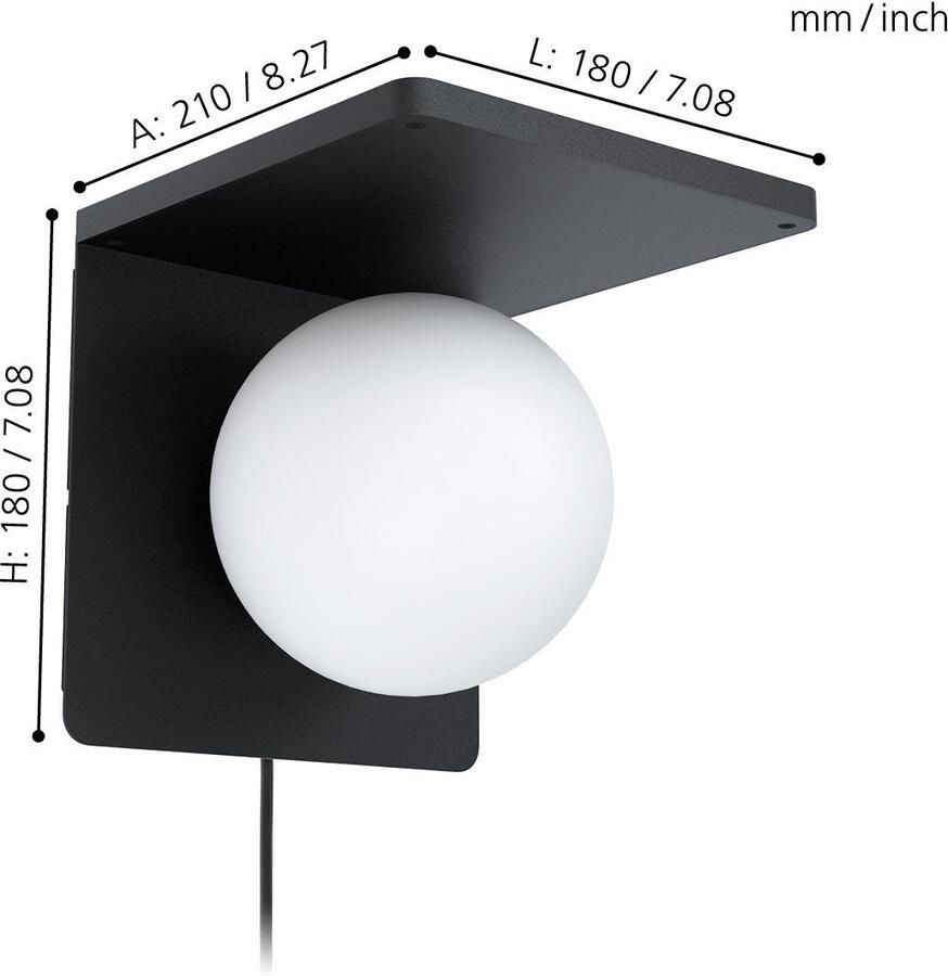 EGLO Ciglie Wandlamp met QI lader 18 cm. E14 Zwart wit