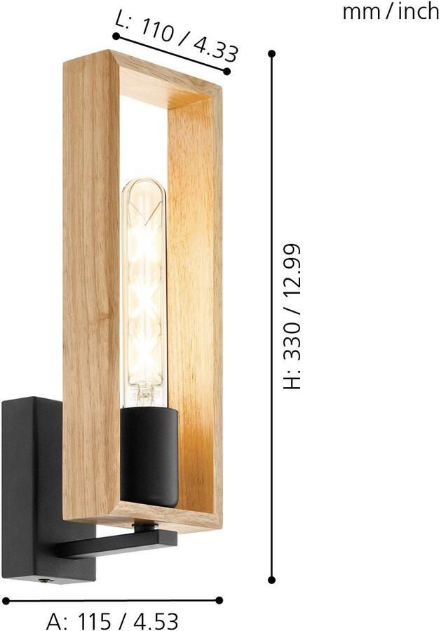 EGLO Wandlamp LITTLETON Wandlamp vintage staal en hout IP20 woonkamerlamp