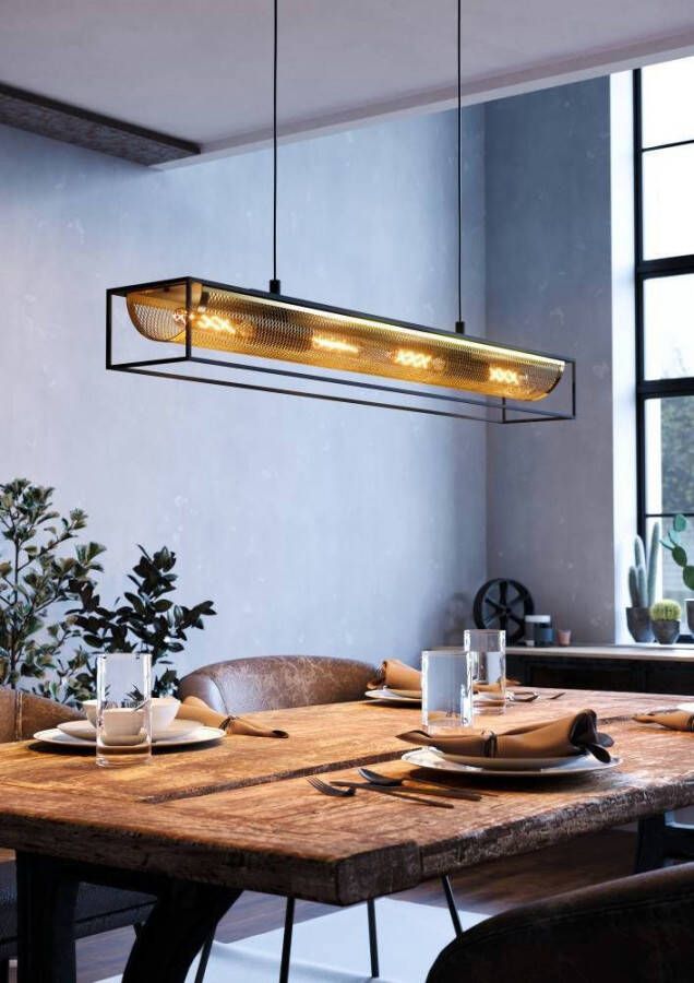 EGLO Hanglamp NOHALES Hanglamp staal E27 eetkamerlamp hanglamp lamp Hanglamp L112 x B17 x H150 cm zwart messing 4X40W excl. (1 stuk)