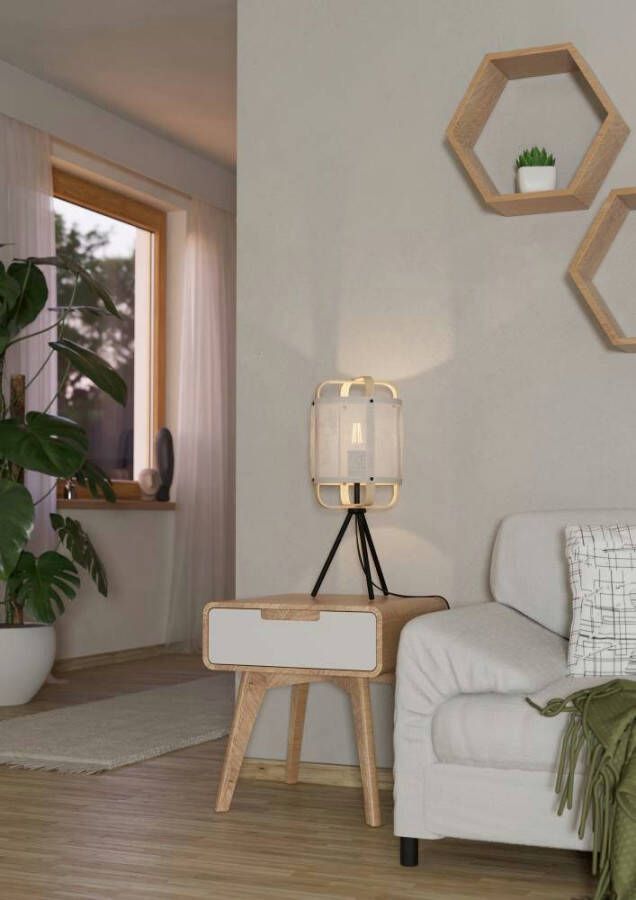 EGLO Tafellamp SURFLEET Tafellamp van hout katoen in linnen-look en metaal in zwart (1 stuk)