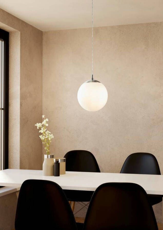 EGLO Hanglamp RONDO hanglamp metaal in zilver glas in opaal mat wit E27