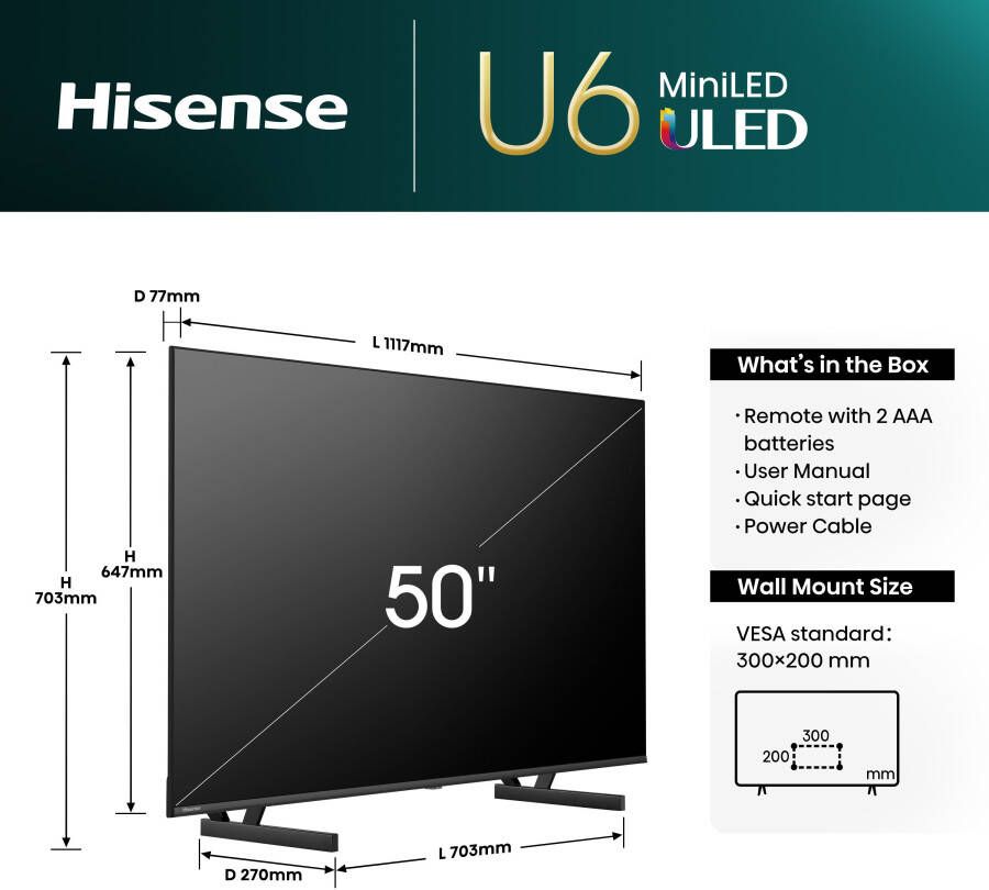 Hisense Mini-led-tv 50U6NQ 126 cm 50" 4K Ultra HD Smart TV 4k uhd uled mini led