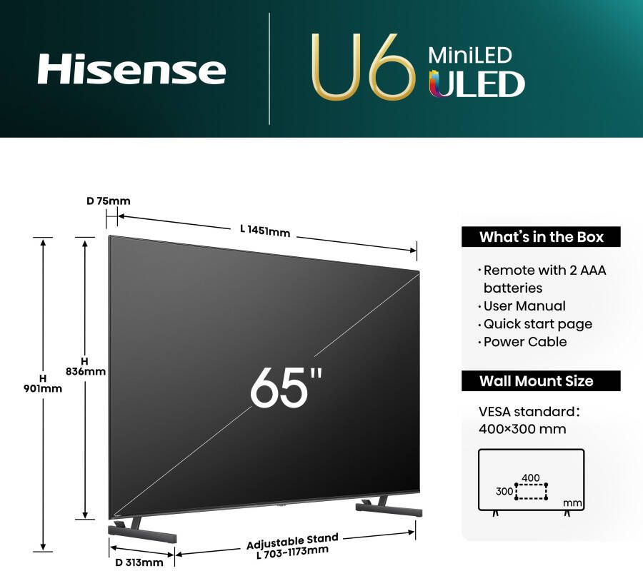 Hisense Mini-led-tv 65U6NQ 164 cm 65" 4K Ultra HD Smart TV 4k uhd uled mini led