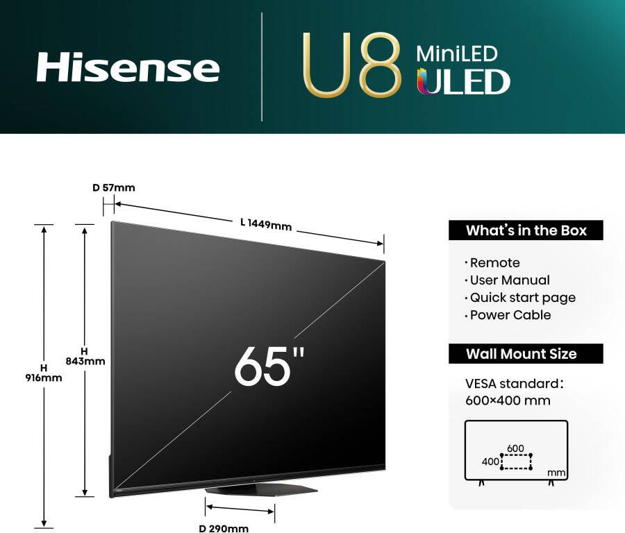 Hisense Mini-led-tv 65U8NQ 164 cm 65" 4K Ultra HD Smart TV 4k uhd uled mini led