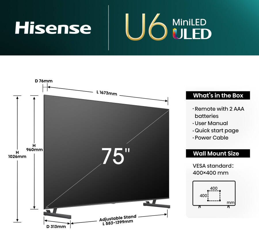 Hisense Mini-led-tv 75U6NQ 189 cm 75" 4K Ultra HD Smart TV 4k uhd uled mini led