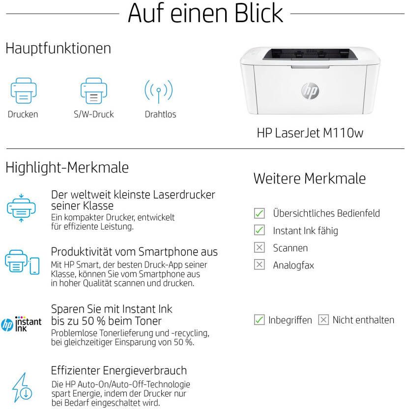 HP Zwart wit laserprinter LaserJet M110w inclusief 2 maanden gratis printen met instant ink