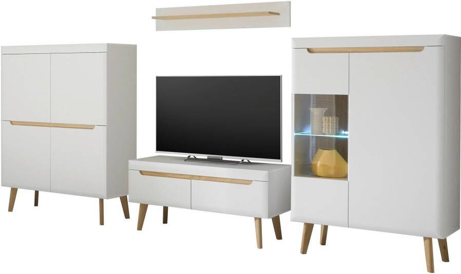 INOSIGN Wandmeubel TORGE bevat 1 vitrine 1 lowboard 1 highboard + 1 wandplank 344 cm breed (set 4-delig)