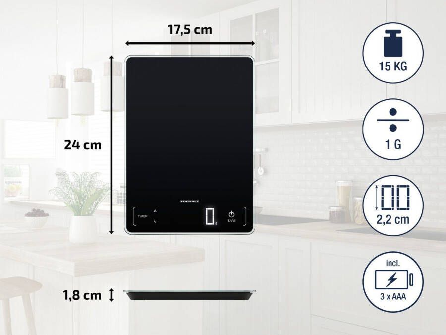 Soehnle Keukenweegschaal Page Profi 100 met sensor-touch en keukentimer draagvermogen tot 15 kg 1 g nauwkeurige opsplitsing