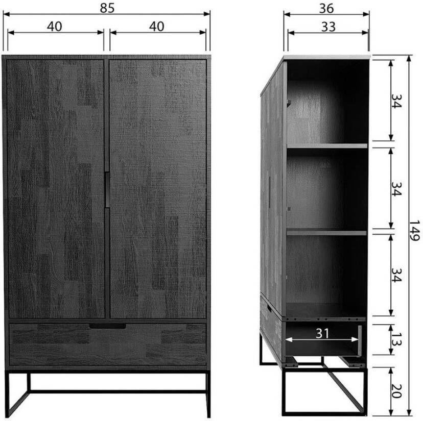 WOOOD Hoge kast Opbergkast Silas H 149 cm x B 85 cm x D 36 cm