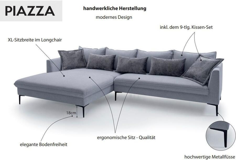 Exxpo sofa fashion Hoekbank Piazza elegant en chic designbank met geweldig zitcomfort Longchair hoek in hoogwaardige afwerking afmetingen 321x187 cm