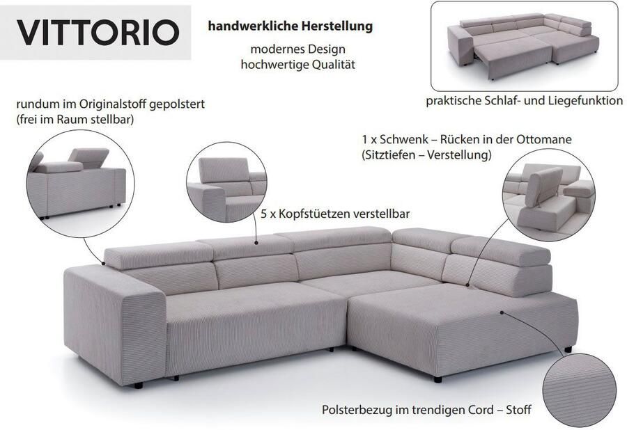 Exxpo sofa fashion Hoekbank VITTORIO met comfortfuncties comfortabel en modern cord L-vorm incl. hoofdsteun- en zitdiepteverstelling optioneel met bedfunctie
