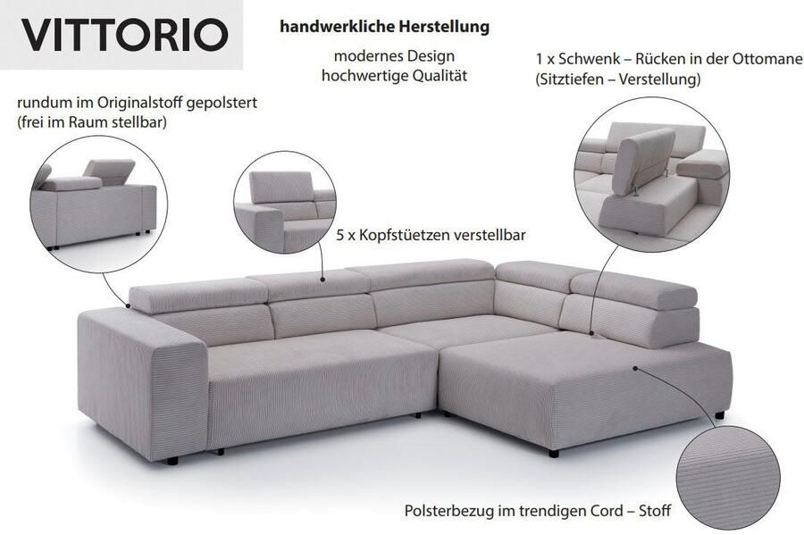 Exxpo sofa fashion Hoekbank VITTORIO met comfortfuncties comfortabel en modern cord L-vorm incl. hoofdsteun- en zitdiepteverstelling optioneel met bedfunctie