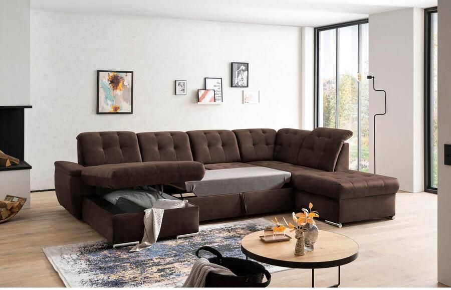 Exxpo sofa fashion Zithoek Durango uitgebreide zit- en rugverwerking comfortabel U-vorm inclusief verstelbare hoofdsteun naar keuze met slaapfunctie en bedkist (4-delig)