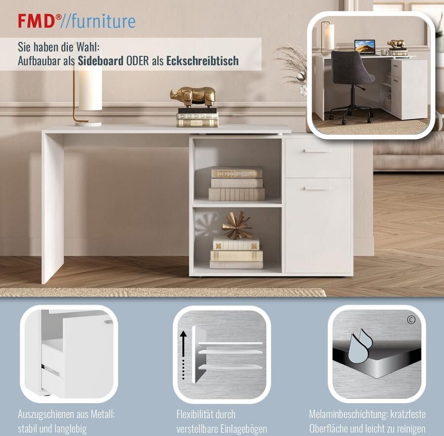 FMD Hoekbureau AUGSBURG Bureau sideboard met opbergruimte aan beide zijden te monteren 117 148 cm