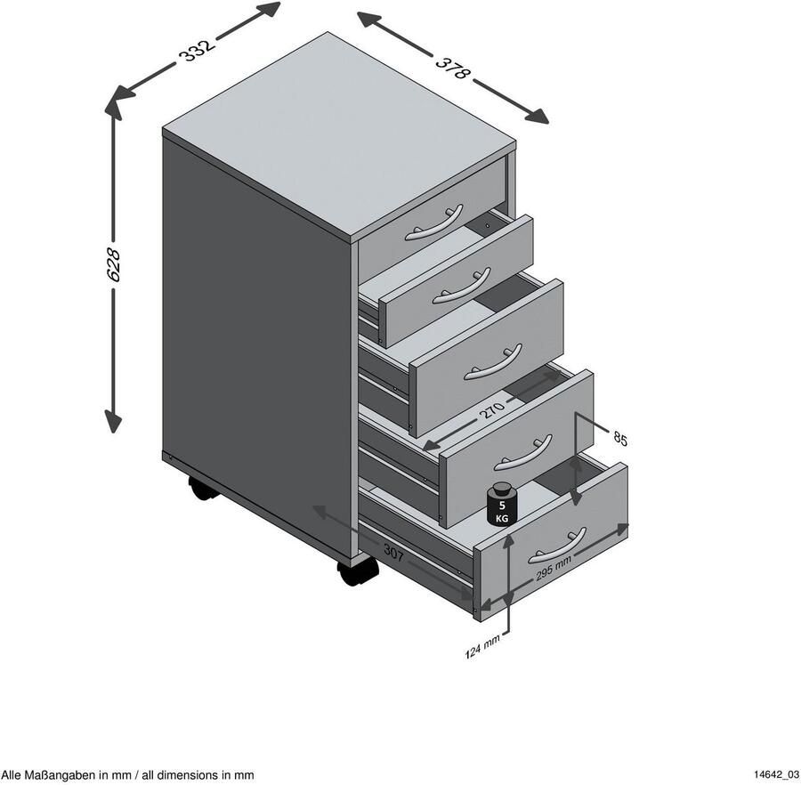 FMD Kastje op wieltjes Freddy Kantooropslag met 5 lades op wielen 63 cm hoog